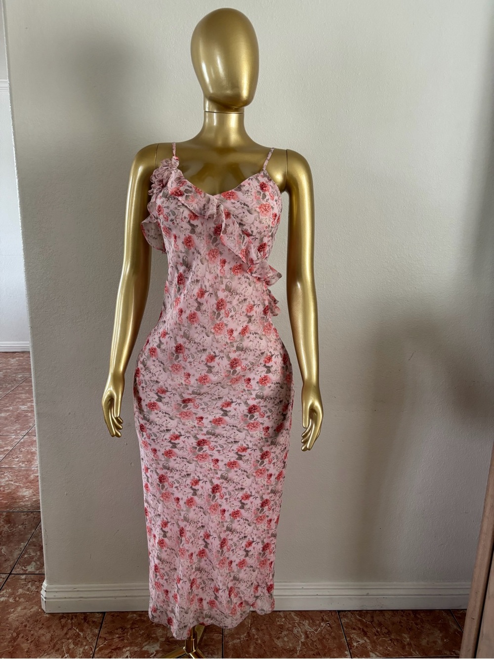 Soft Pink Floral Ruffle Slip Dress